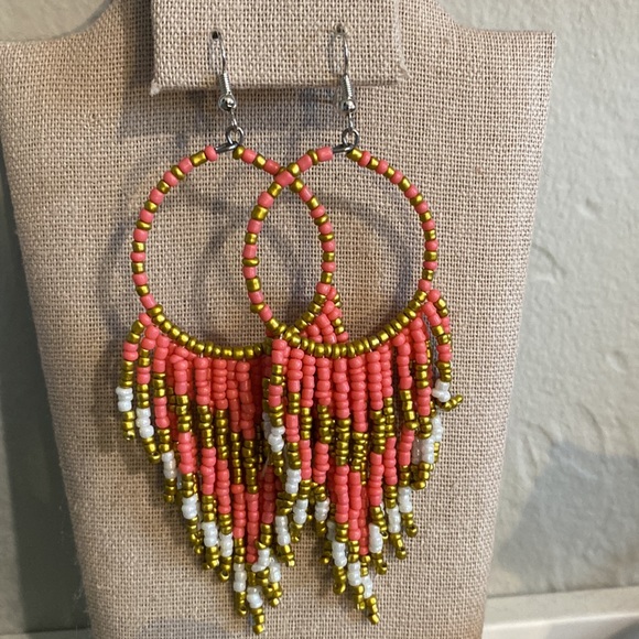 New Coral and Gold beaded long earrings - Misty - Picture 3 of 6